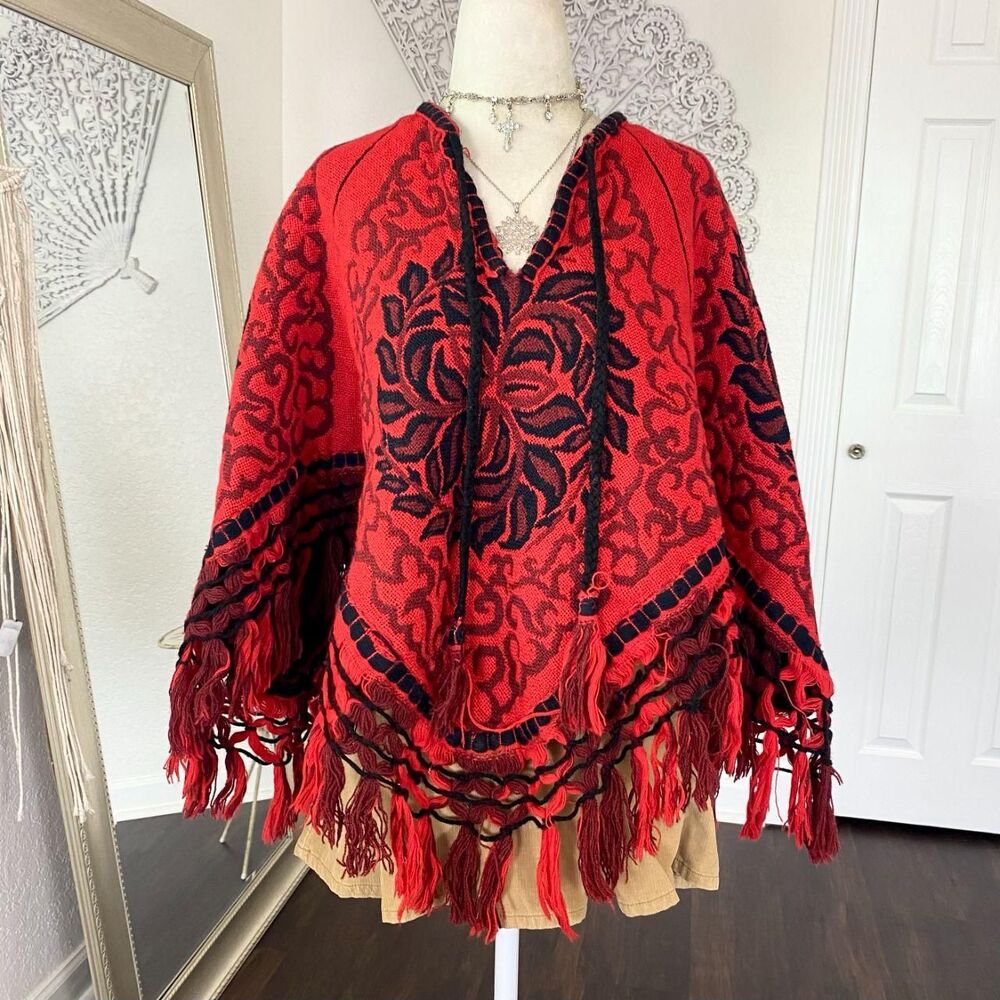 1970's Vintage Handmade Unisex Wool Poncho Black Red Ornate Design Fringe OS